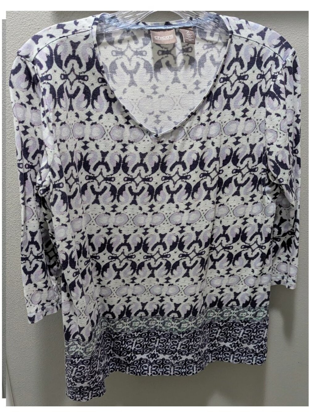Chico's 3/4 Sleeve V-neck Navy/Gray Tunic Tee Ikat Size 2 (12-14)